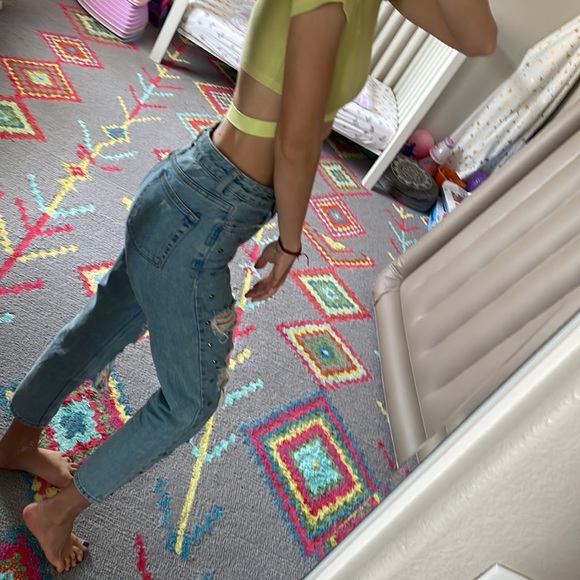 Topshop Mom Jeans Ripped Distressed with Metalic Embelishment Design Light Blue - Picture 5 of 10